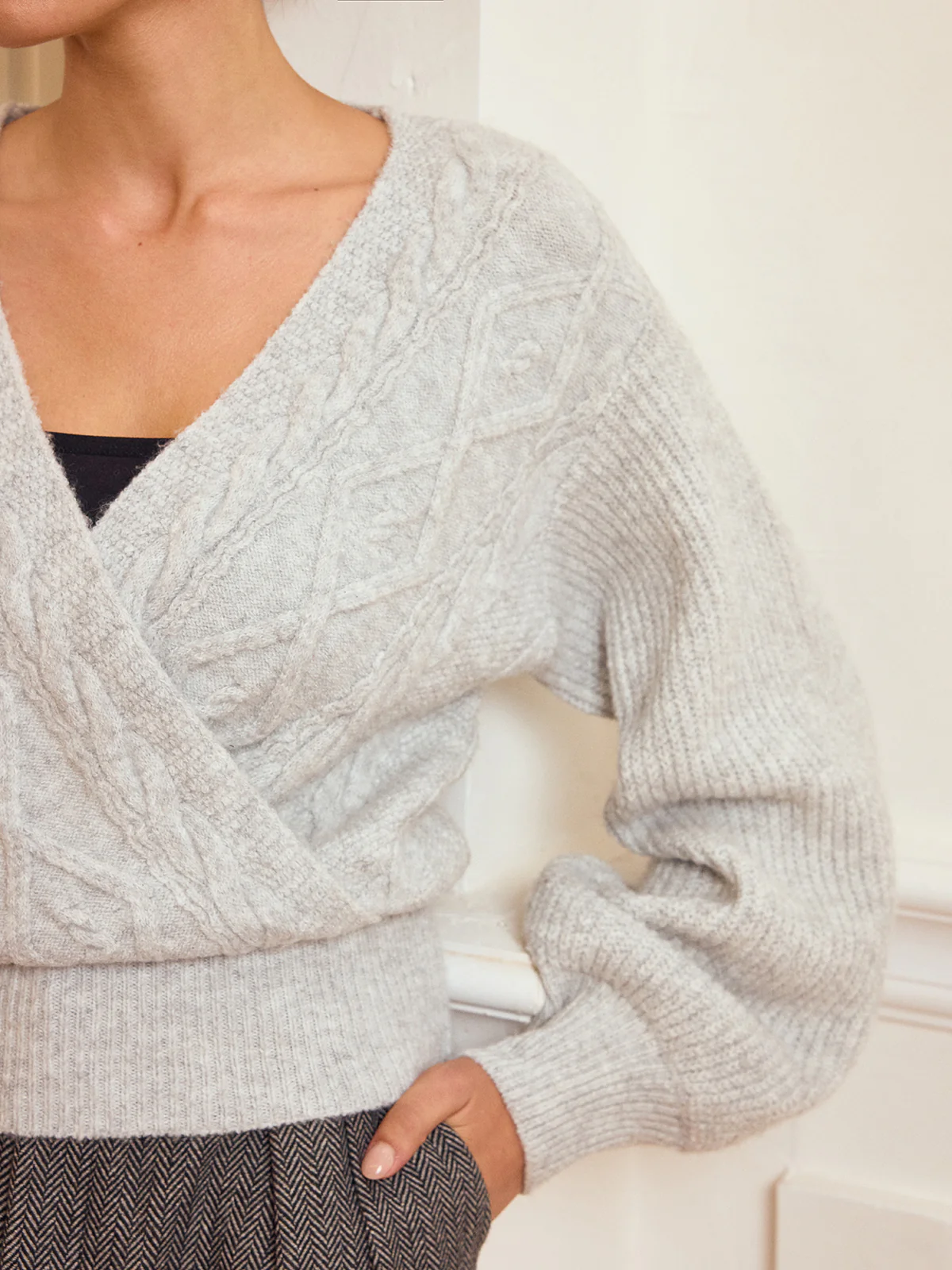 Cable Knit Wrap V-Neck Balloon Sleeve Sweater - Wholesalesil