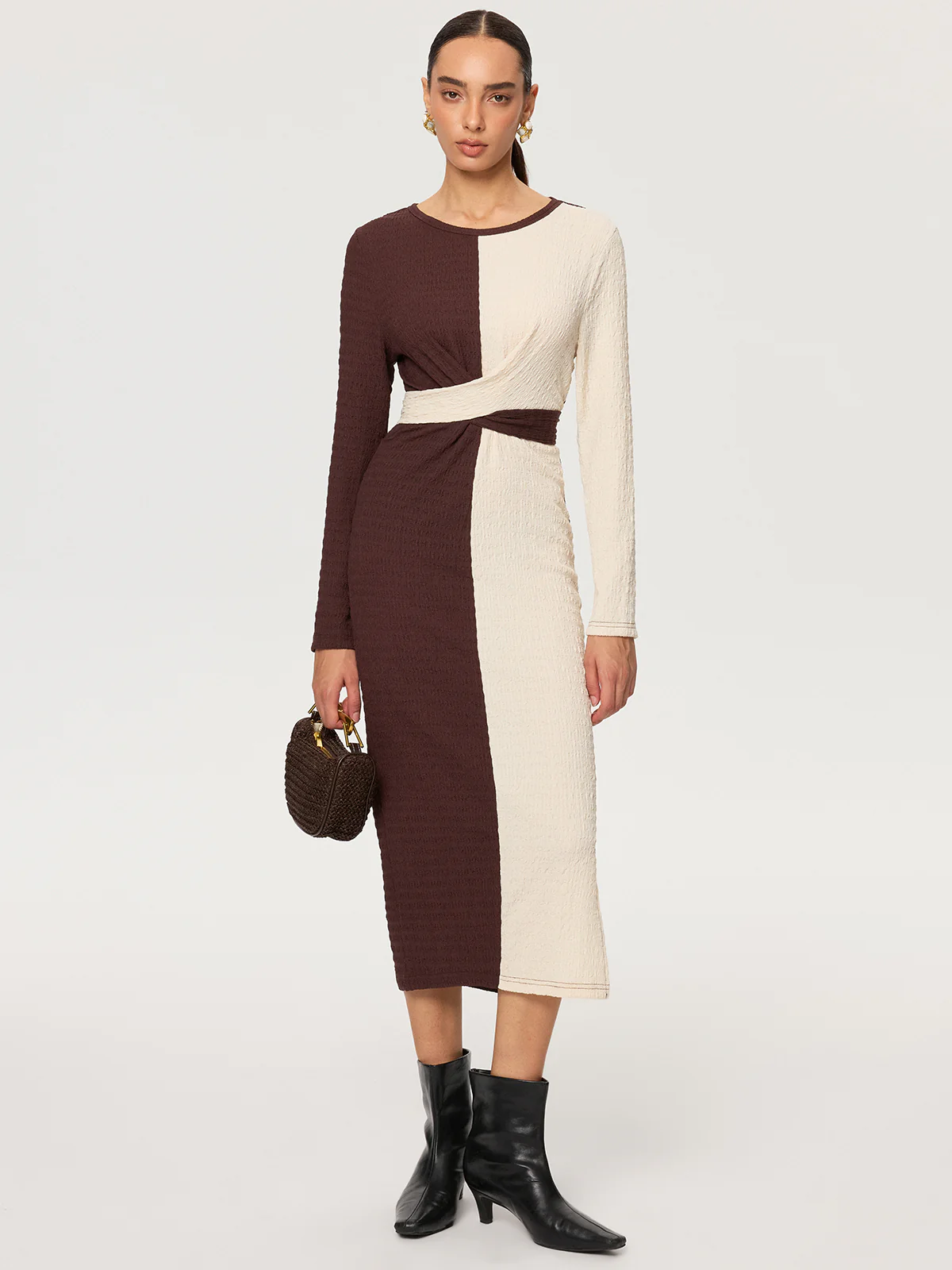 Cross-Tie Textured Color-Block Maxi Dress - Wholesalesil