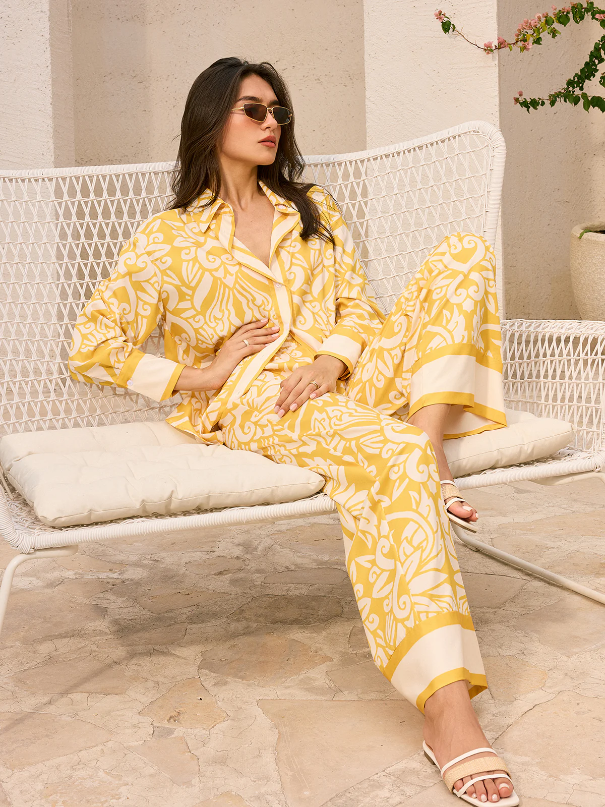 Patterned Mid-Waisted Wide-Leg Pants - Wholesalesil