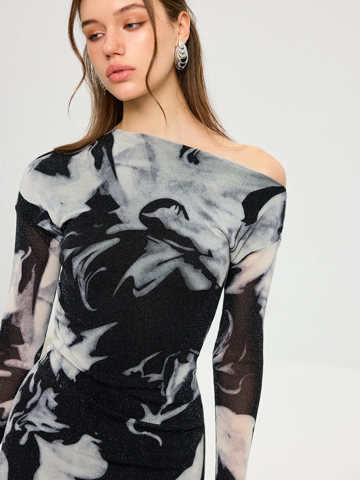 Abstract Print Mesh One-Shoulder Maxi Dress - Wholesalesil