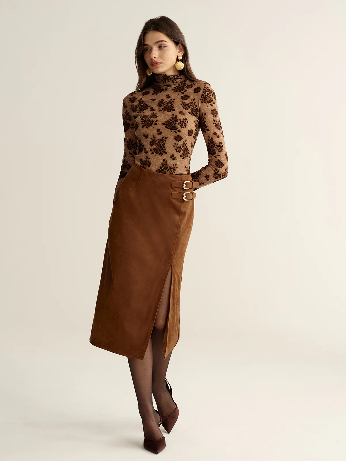 Floral Mesh Mock Neck Long Sleeve Top - Wholesalesil