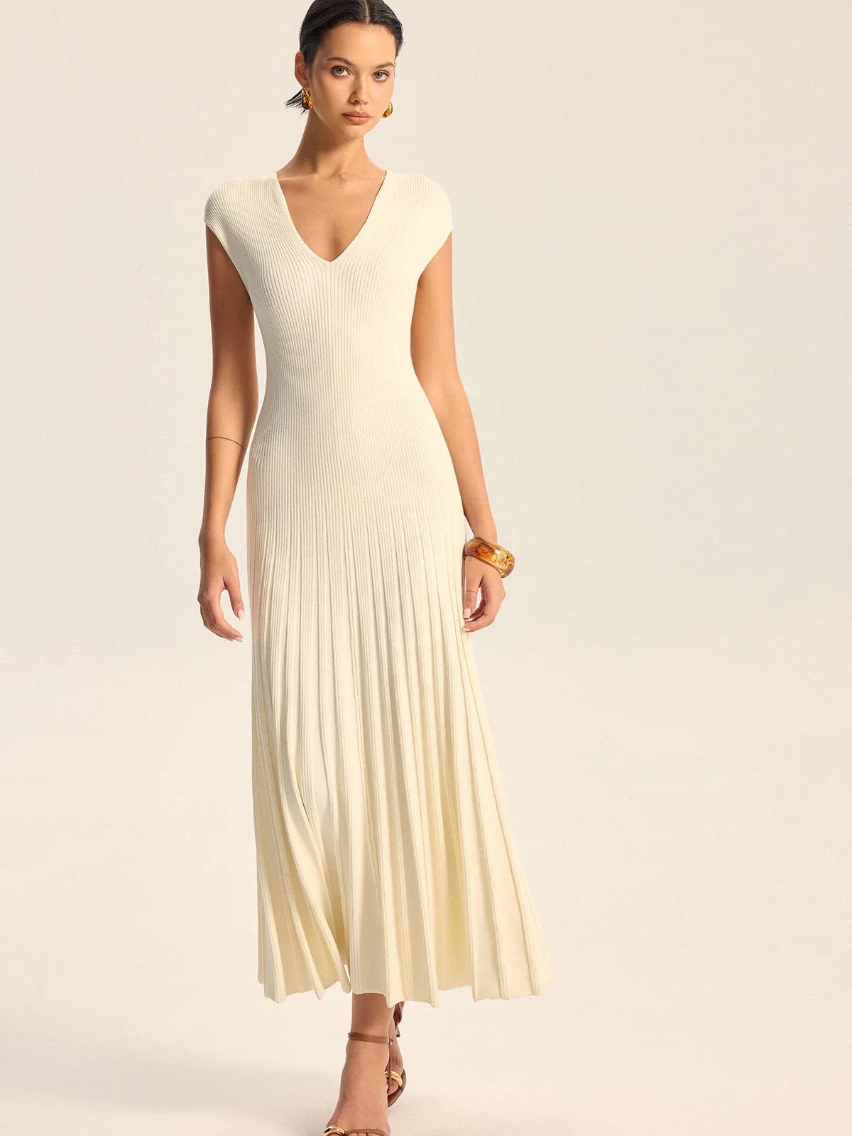Ribbed Knit V-Neck Midi Dress Without Belt - Wholesalesil