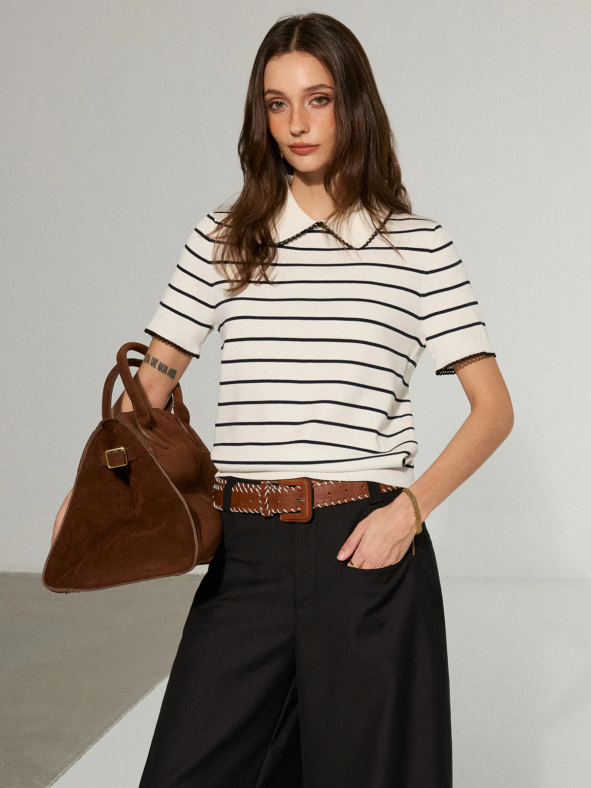 Contrast Wave Trim Striped Polo Knit Top - Wholesalesil