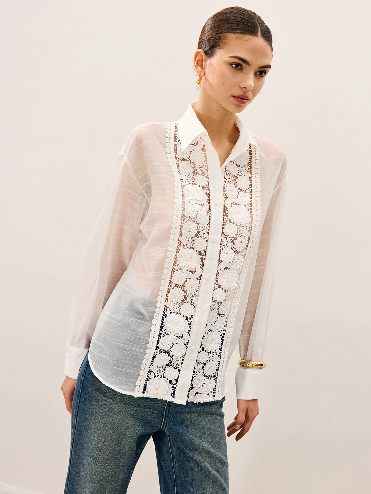 Sheer Lace Detail Blouse - Wholesalesil