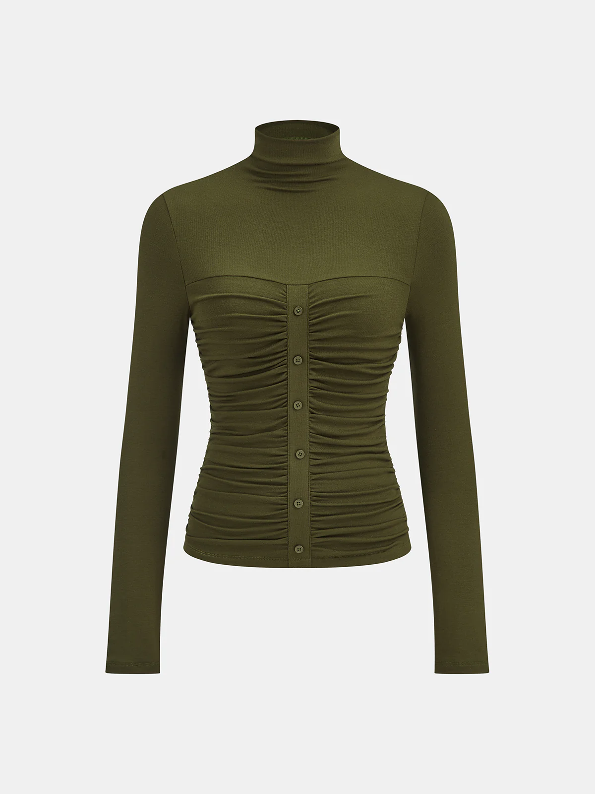 Turtleneck Ruched Decor Button Knit Top - Wholesalesil