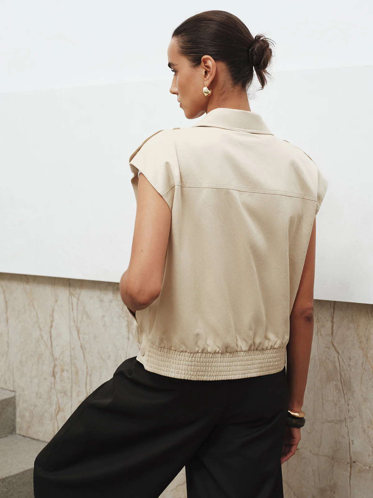 Collared Cap Sleeve Zip-Up Vest - Wholesalesil