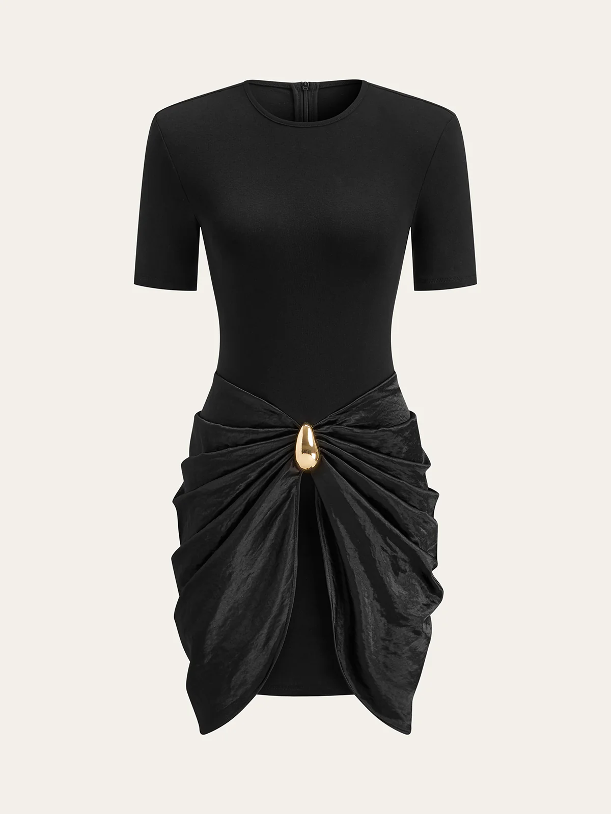 Short Sleeve Ruched Metal Buckle Dress - Wholesalesil