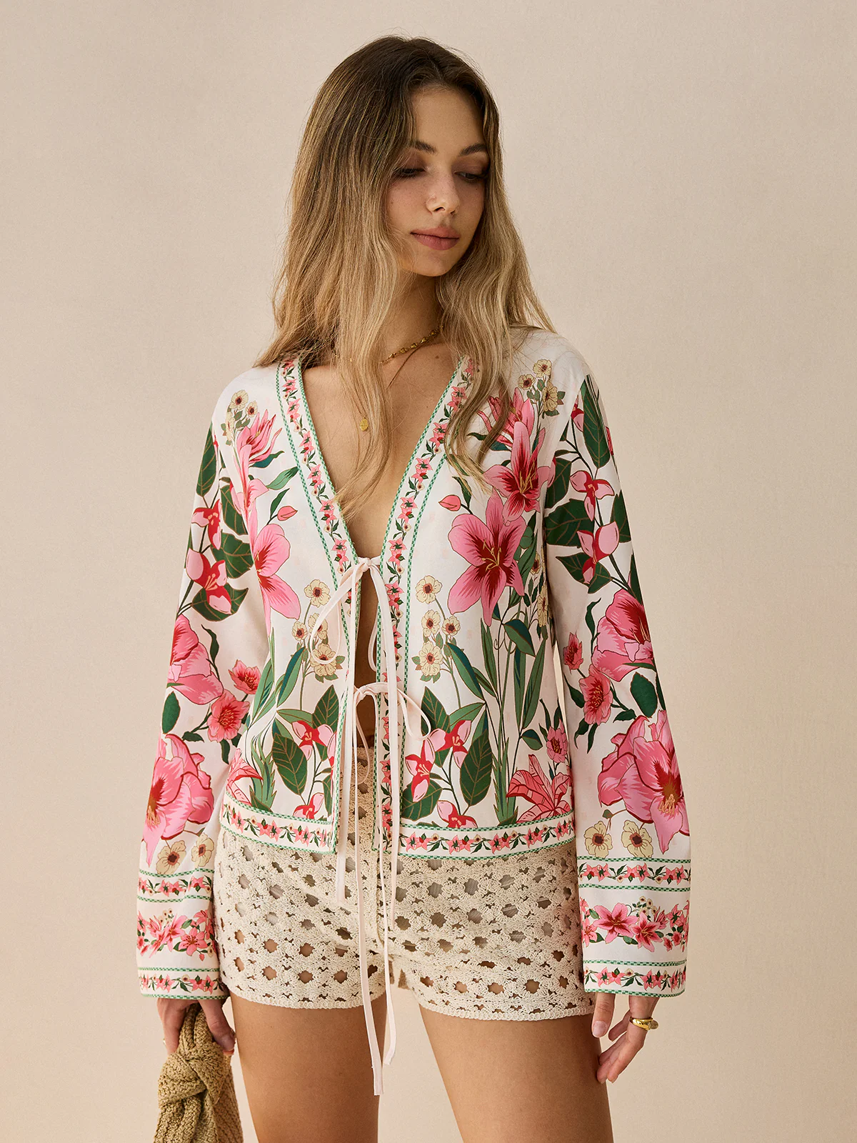 Floral Print Tie-Front Shirt - Wholesalesil