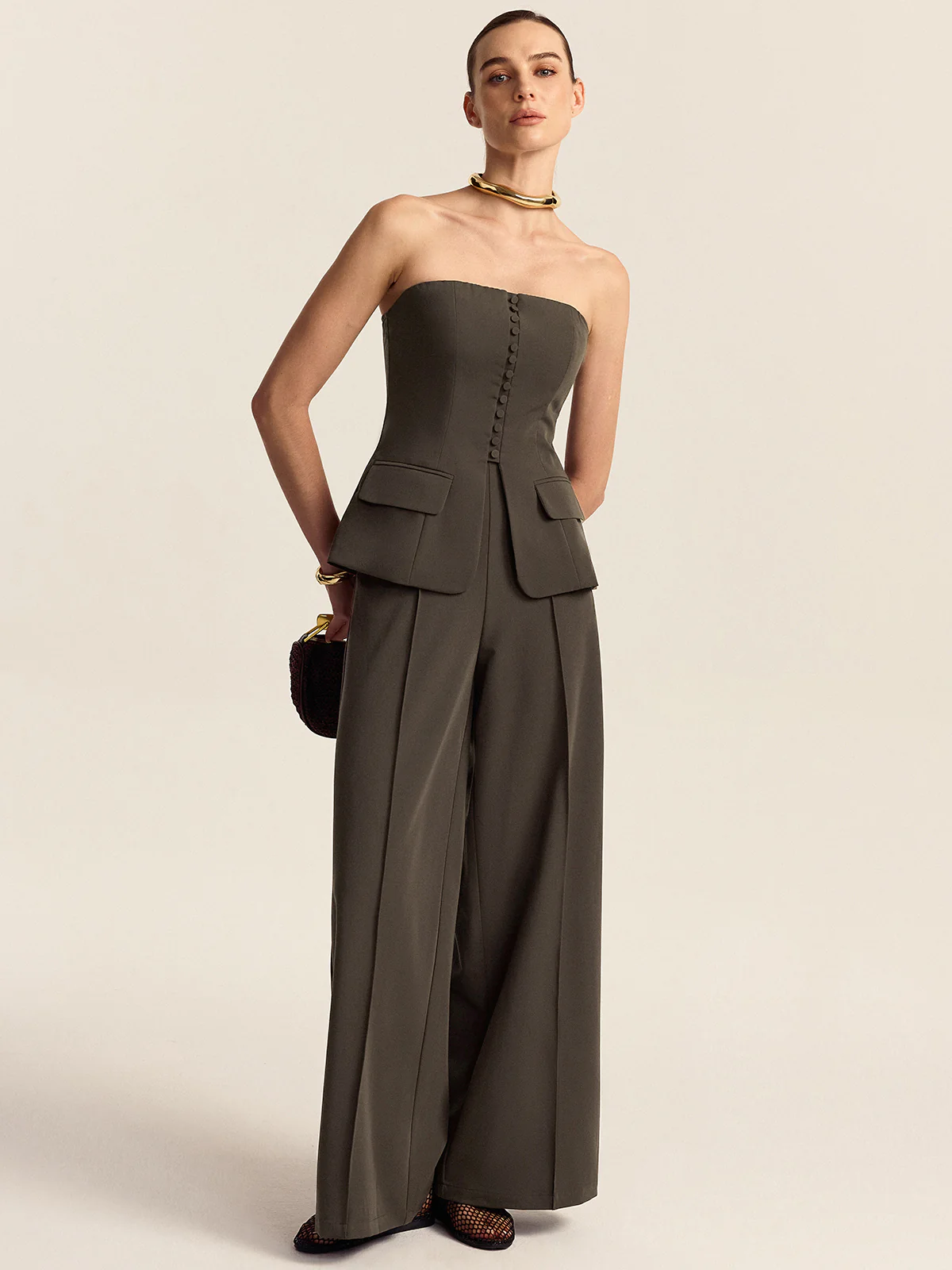 Strapless Top and Wide-Leg Pants Set - Wholesalesil