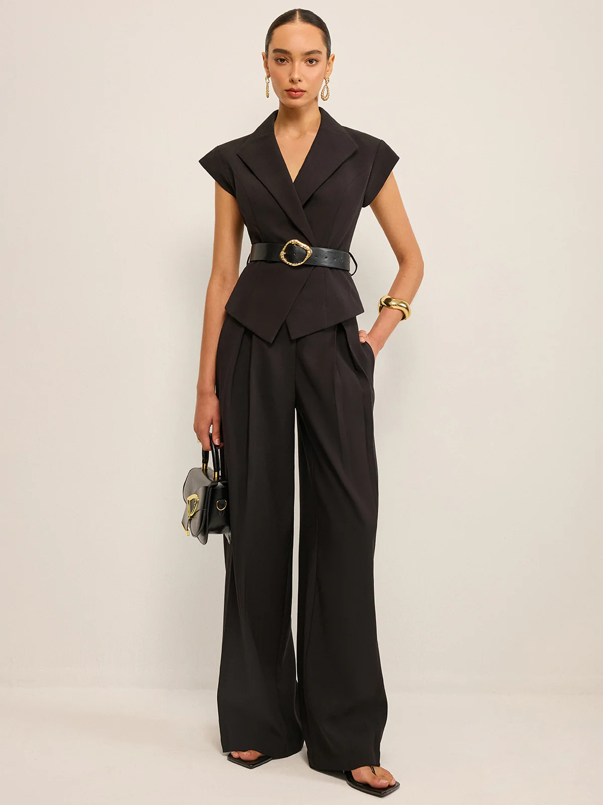 Belted Peplum Vest with Metal Buckle Detail - Wholesalesil