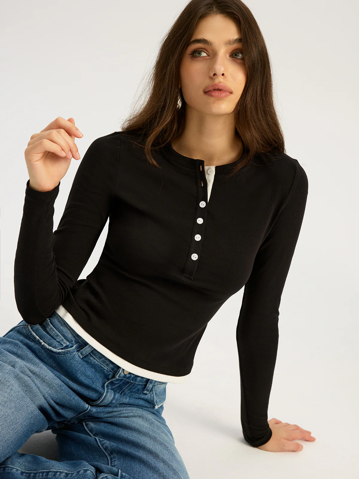 Contrast Trim Cotton Blend Long Sleeve Top - Wholesalesil