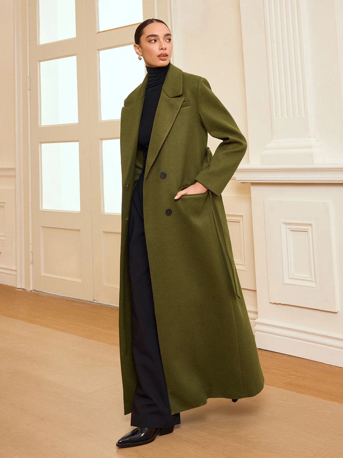 Double-Breasted Belted Long Coat - Wholesalesil