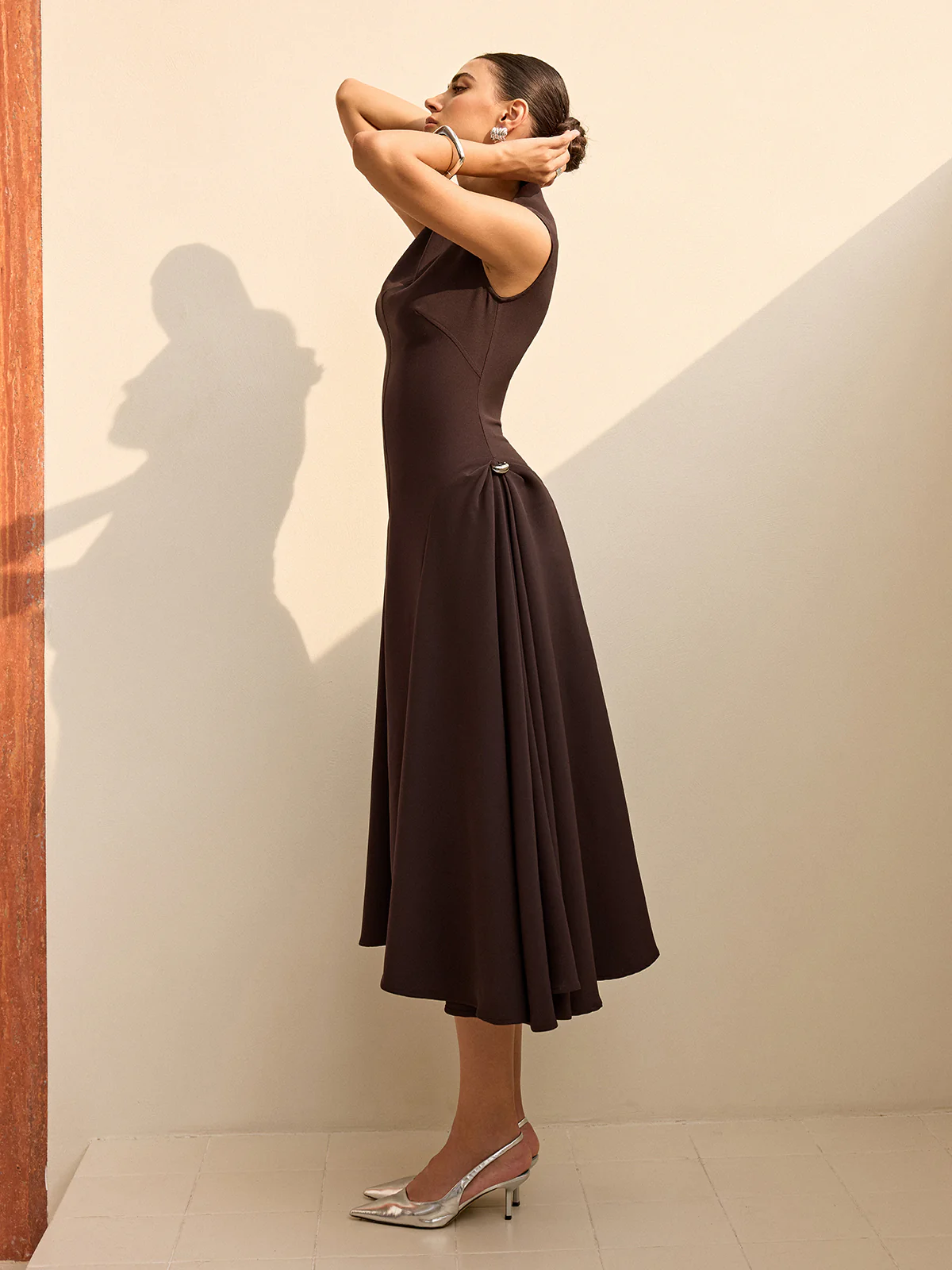 Asymmetrical Neck Cap Sleeve Maxi Dress - Wholesalesil