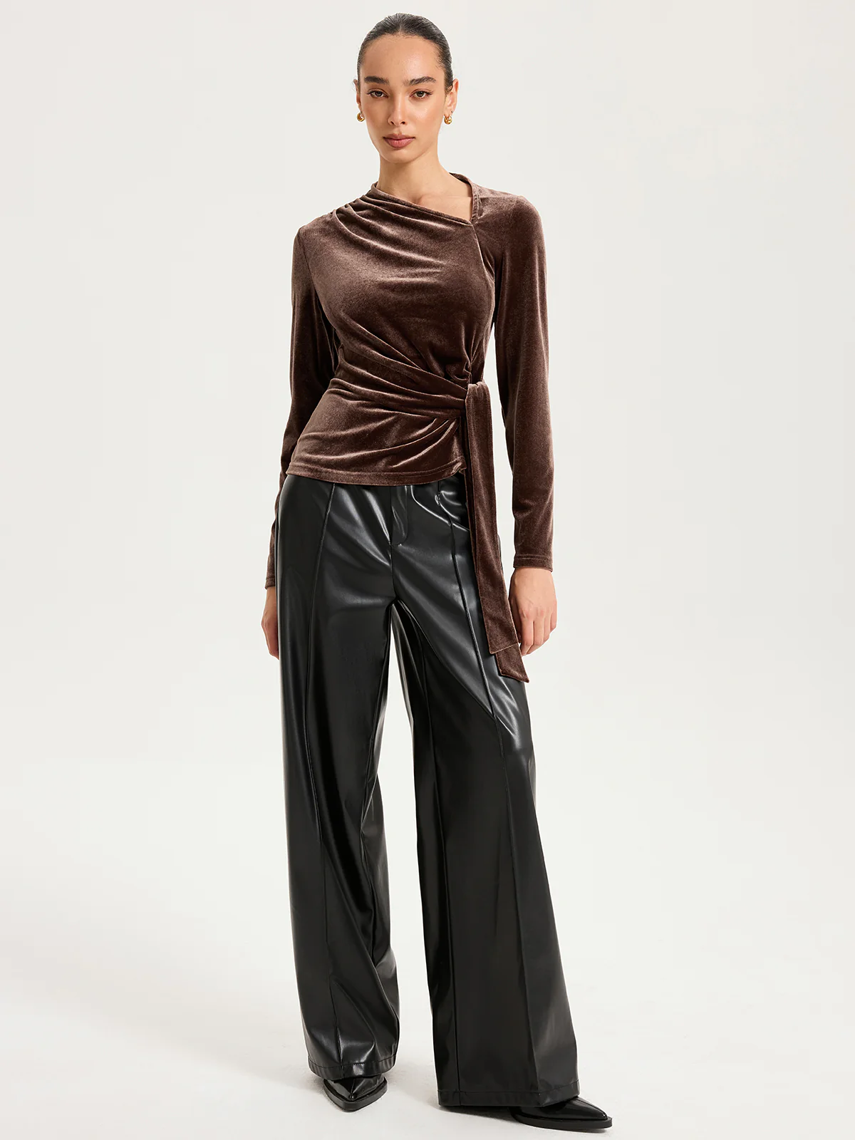 Long Sleeve Knot-Tie Velvet Asymmetric Top - Wholesalesil