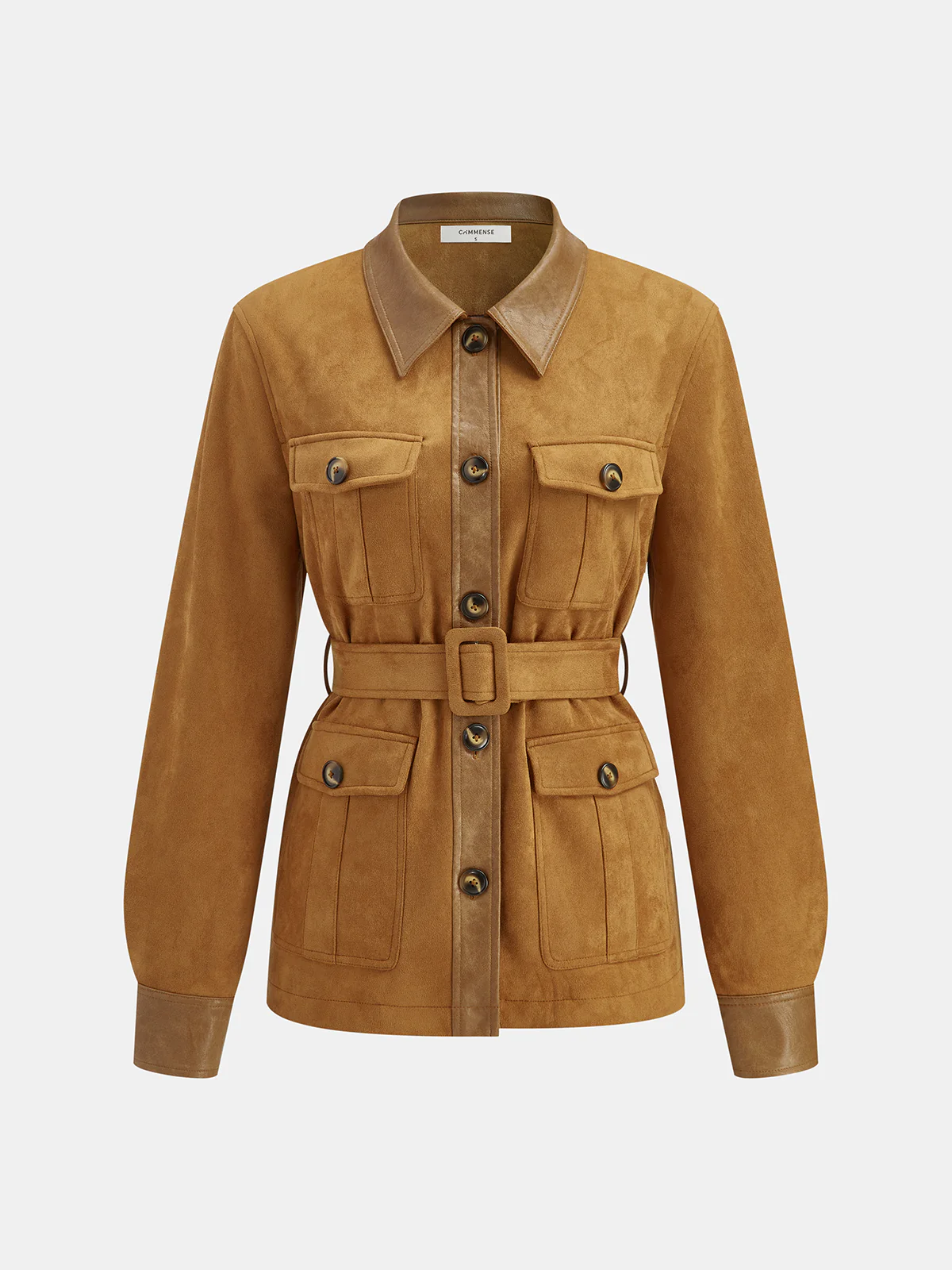 Faux Leather Panel Belted Suede Effect Jacket - Wholesalesil