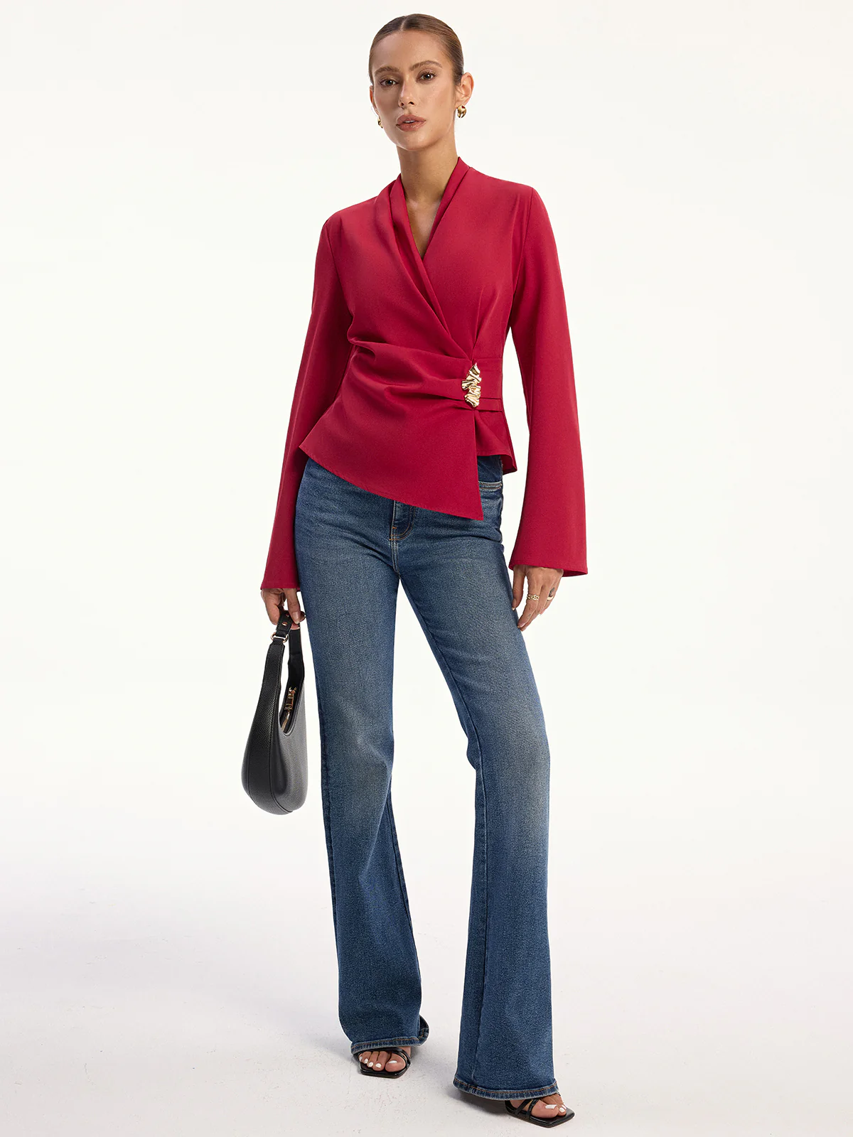 Asymmetric Metal Detail V-Neck Blouse - Wholesalesil