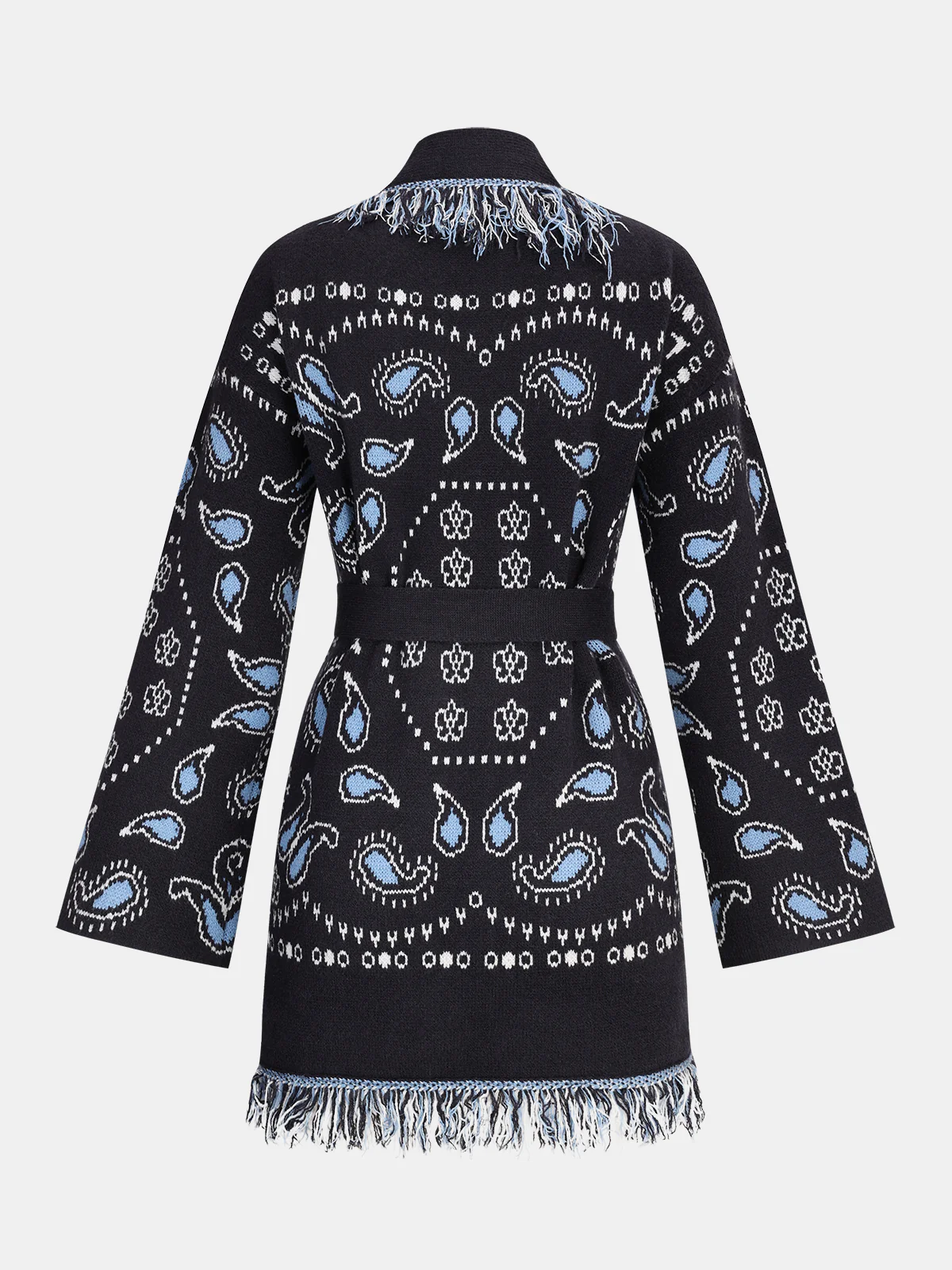 Belted Paisley Fringe Knit Cardigan - Wholesalesil