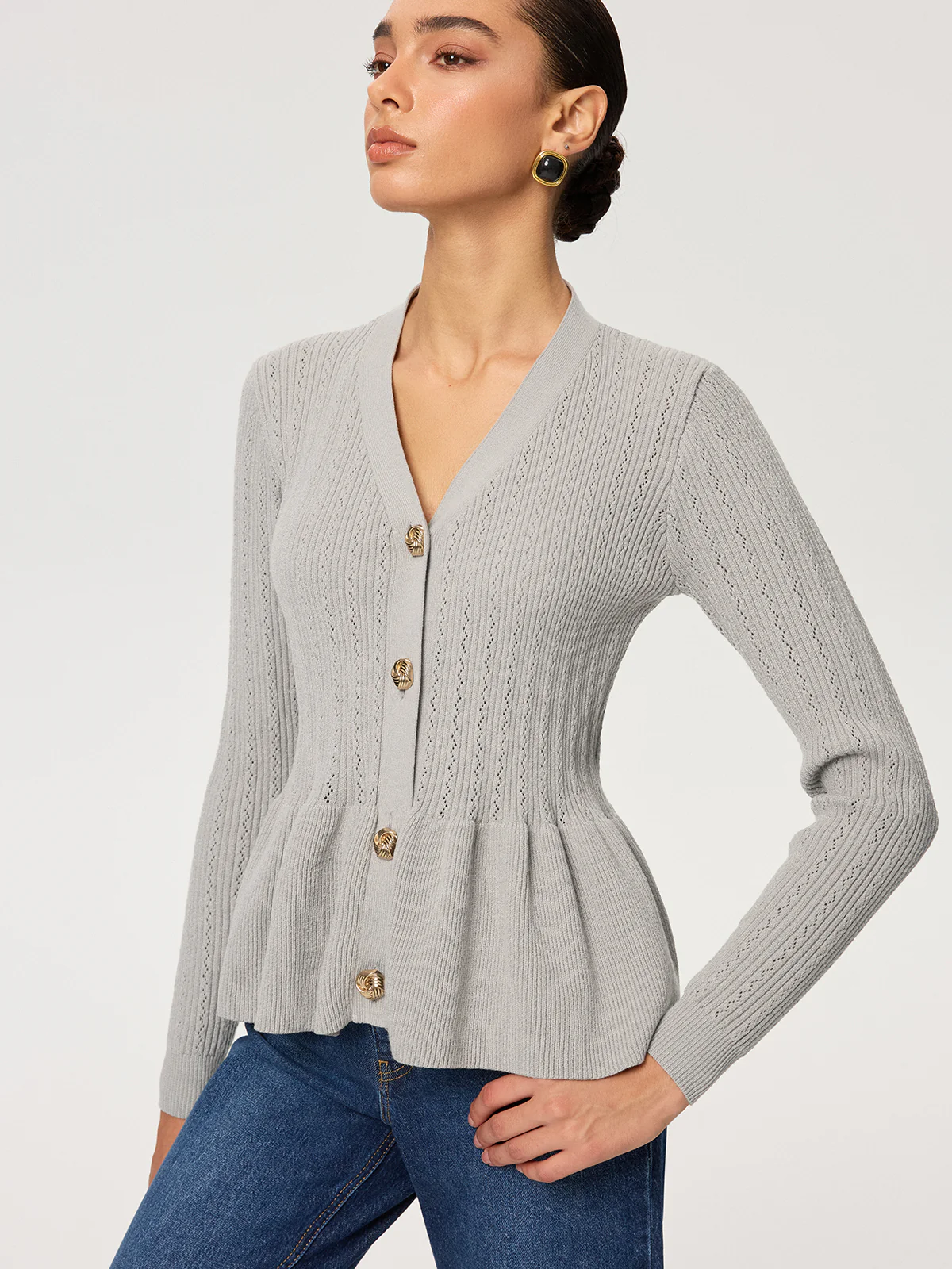 Metal Button V-Neck Peplum Knit Blouse - Wholesalesil
