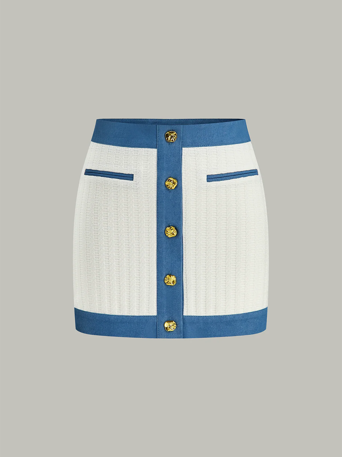 Denim-Trimmed Knit Mini Skirt with Metal Button - Wholesalesil