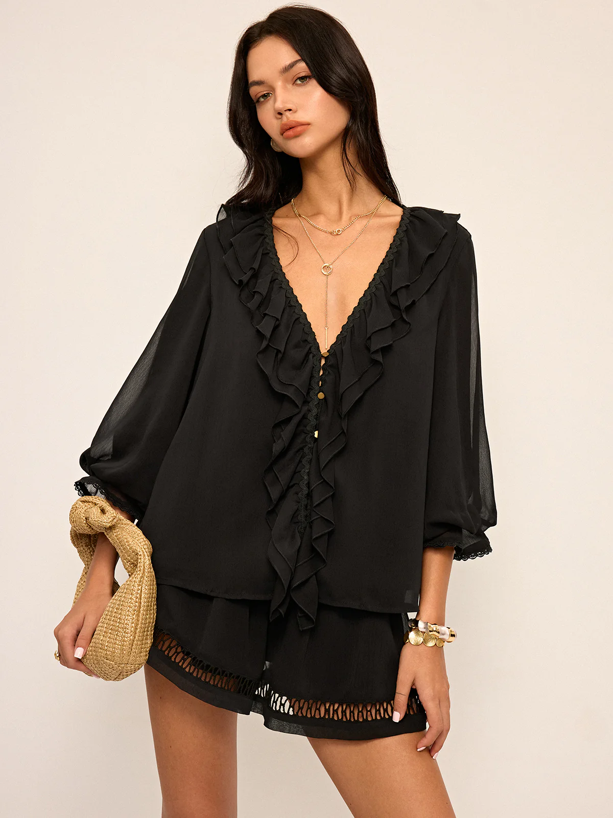 Ruffled Button Chiffon Top and Shorts Set - Wholesalesil