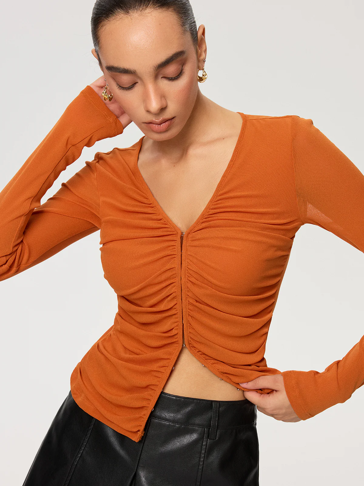 Hook-Eye Ruched V-Neck Long Sleeve Top - Wholesalesil