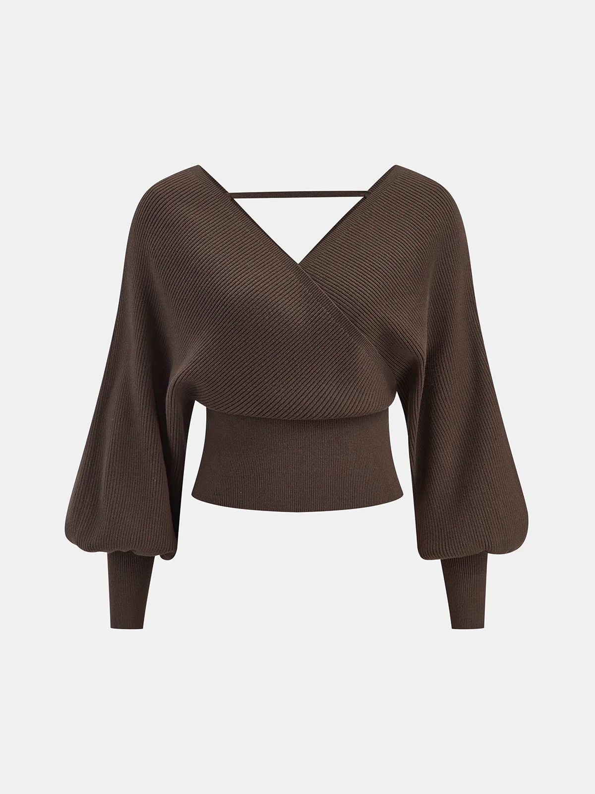Puff Sleeve Backless Rib-Knit Sweater - Wholesalesil