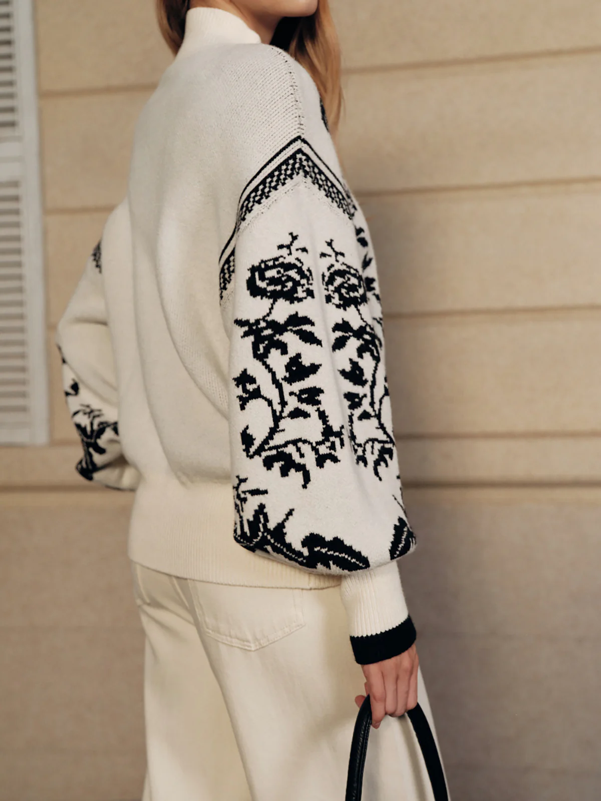 Floral Pattern Mock Neck Balloon Sleeve Sweater - Wholesalesil