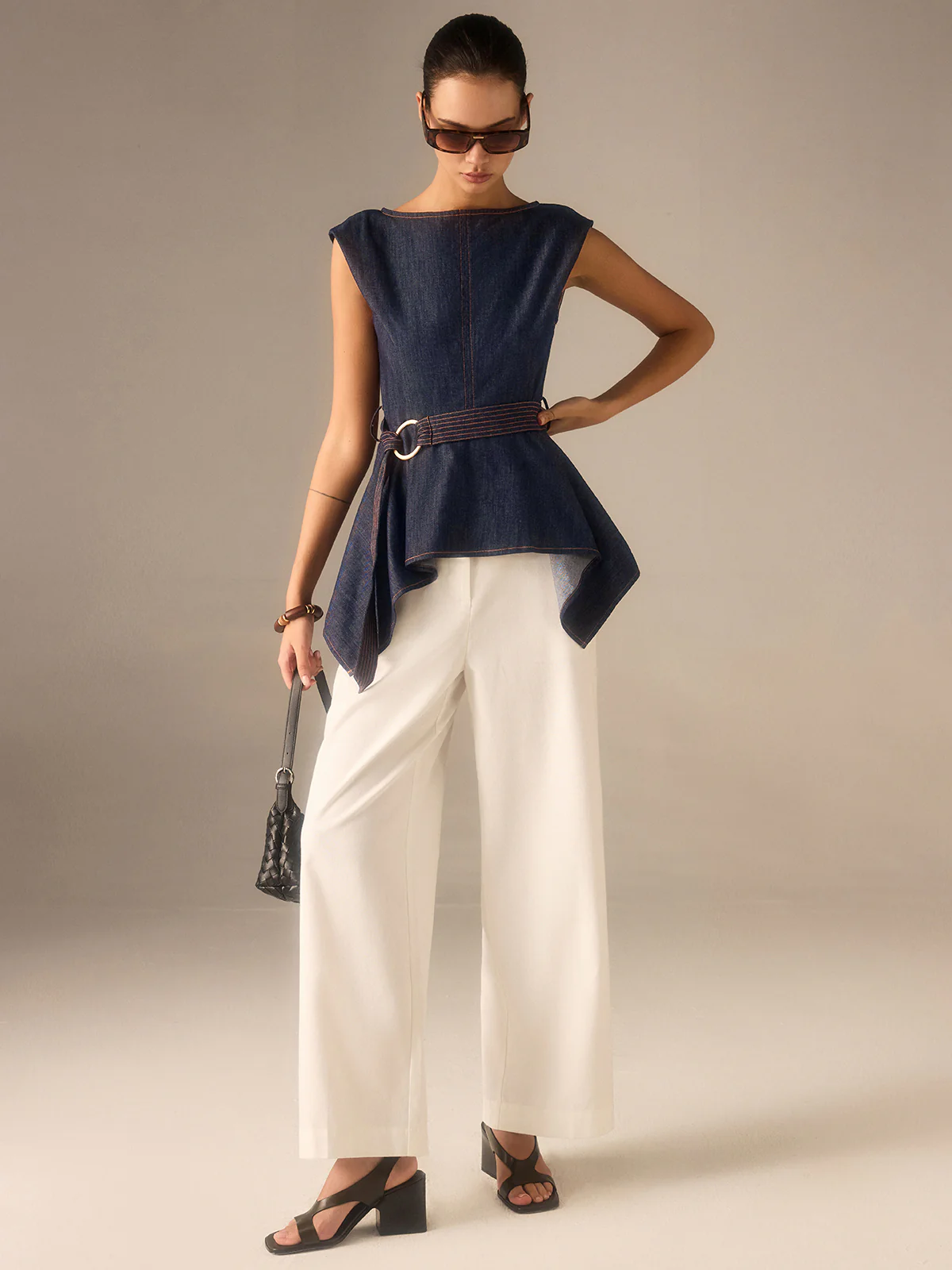 Denim Peplum Belted Top with Asymmetric Hem - Wholesalesil