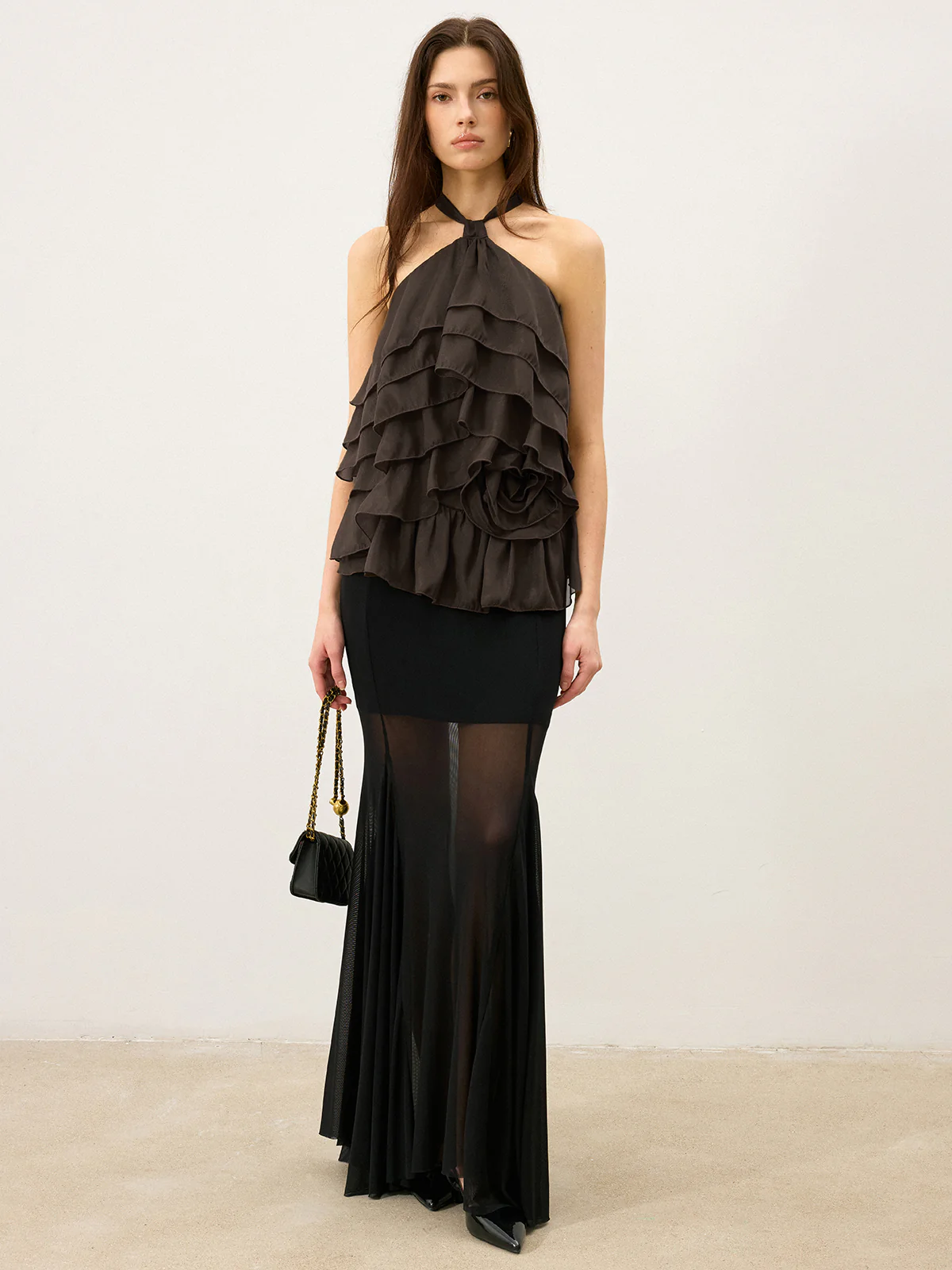 Tiered Ruffle Chiffon Halter Top with 3D Flower - Wholesalesil