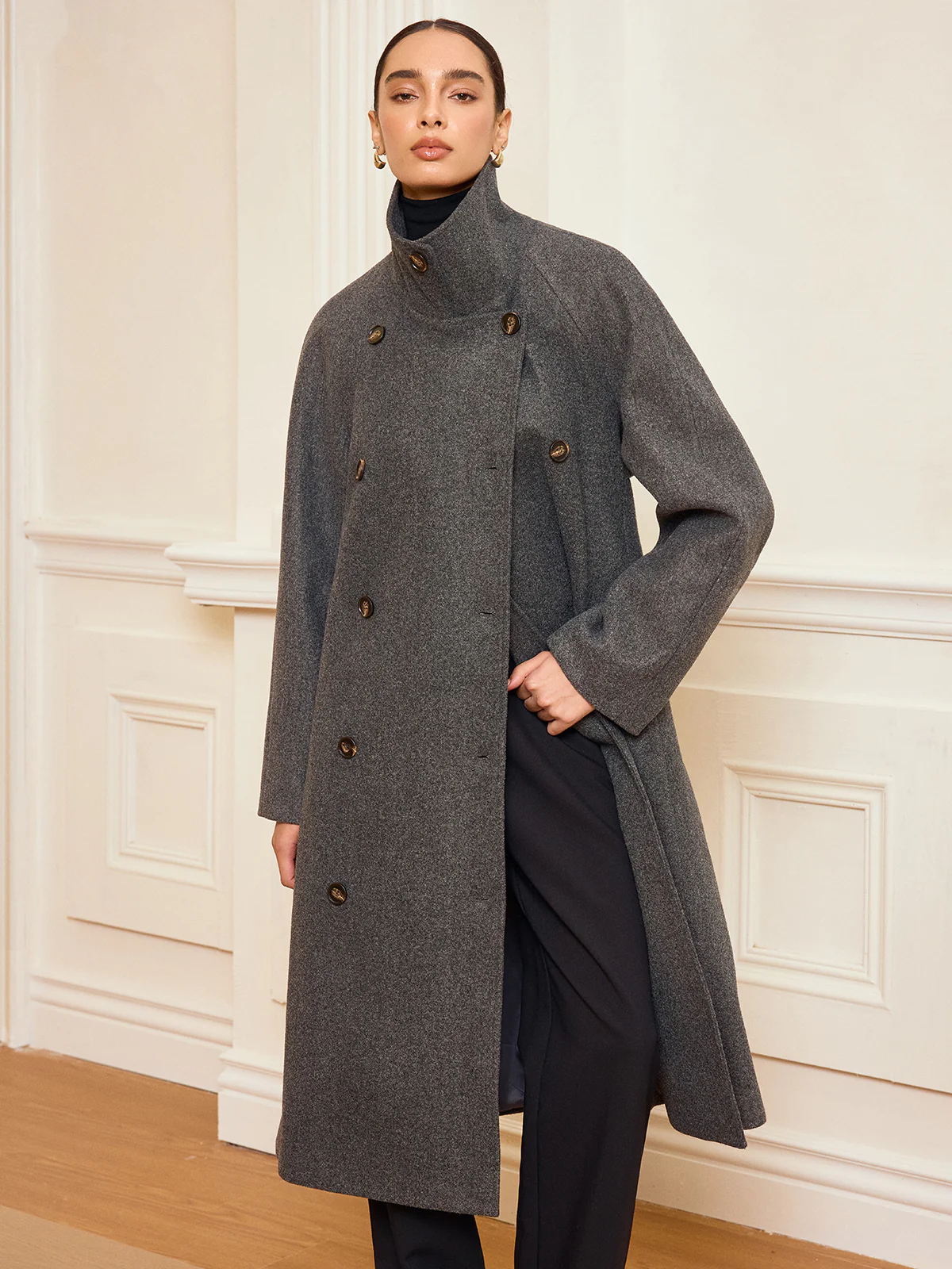Belted Double-Breasted Tweed Long Coat - Wholesalesil
