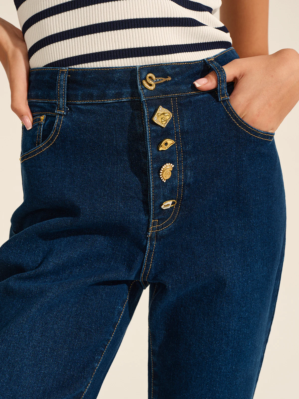 Denim Metal Decor Flared Pants - Wholesalesil