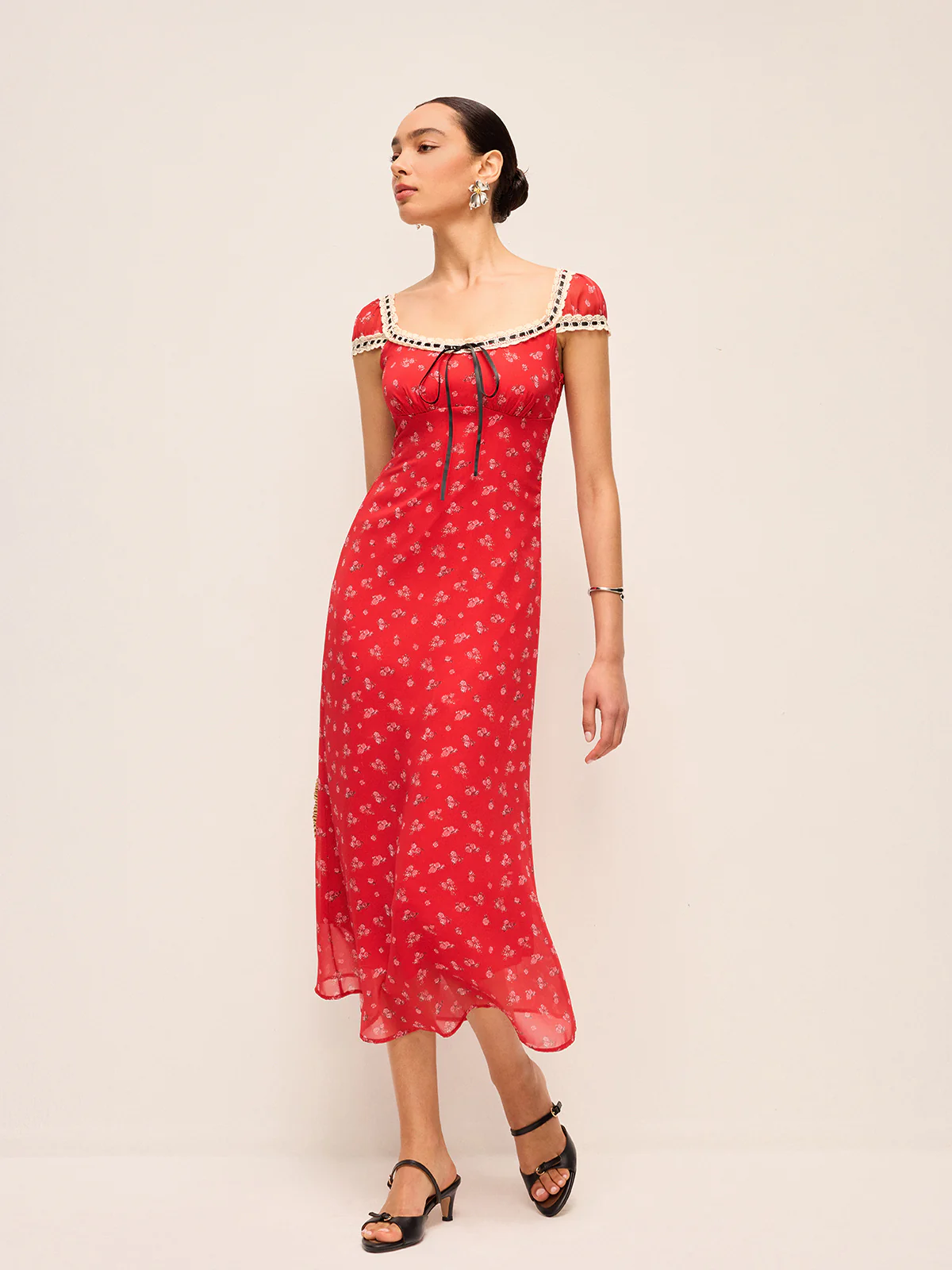 Floral Print Midi Dress with Lace Trim - Wholesalesil
