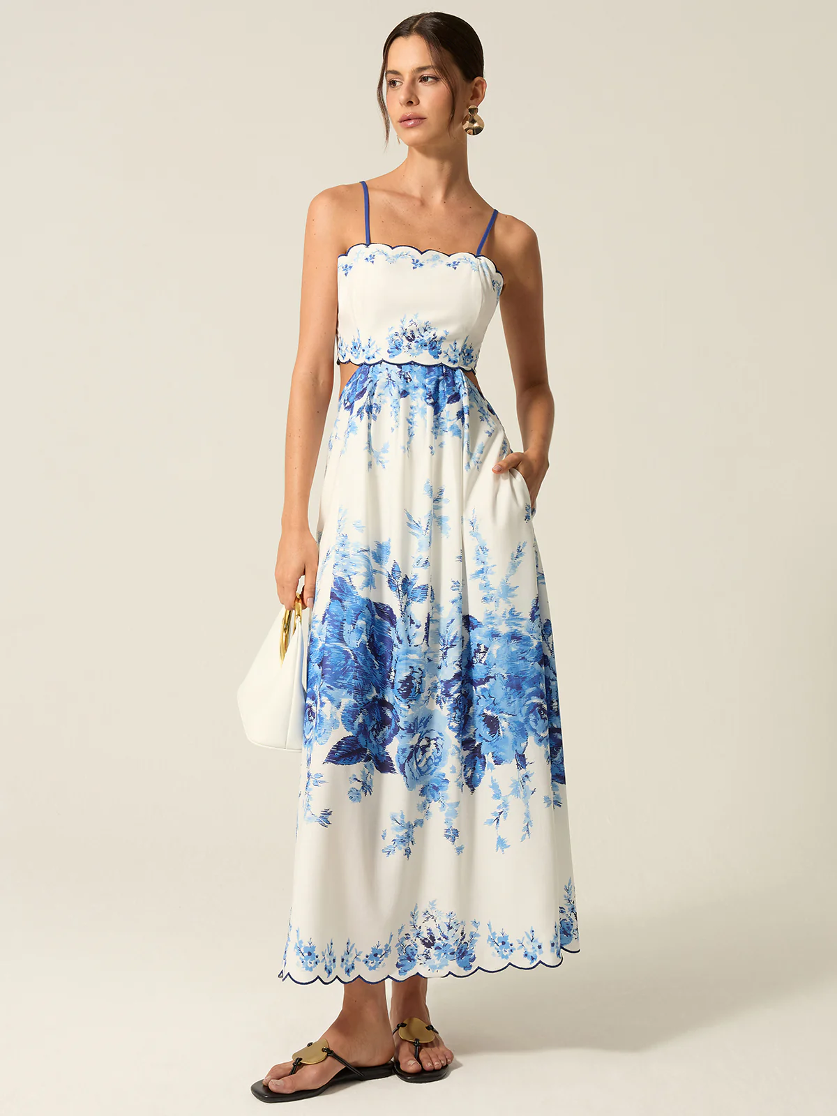 Pocketed Floral Print Cut-Out Maxi Dress - Wholesalesil