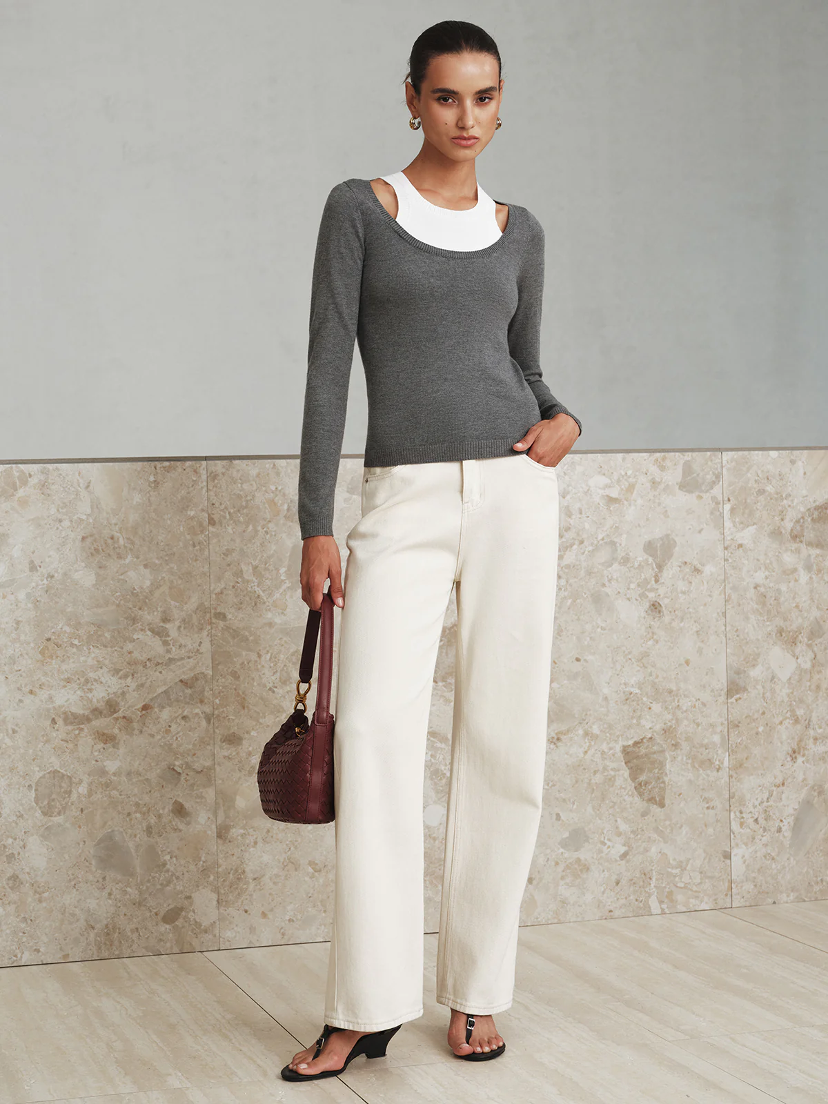2 in 1 Wool-Blend Layered Cut-Out Knit Top - Wholesalesil