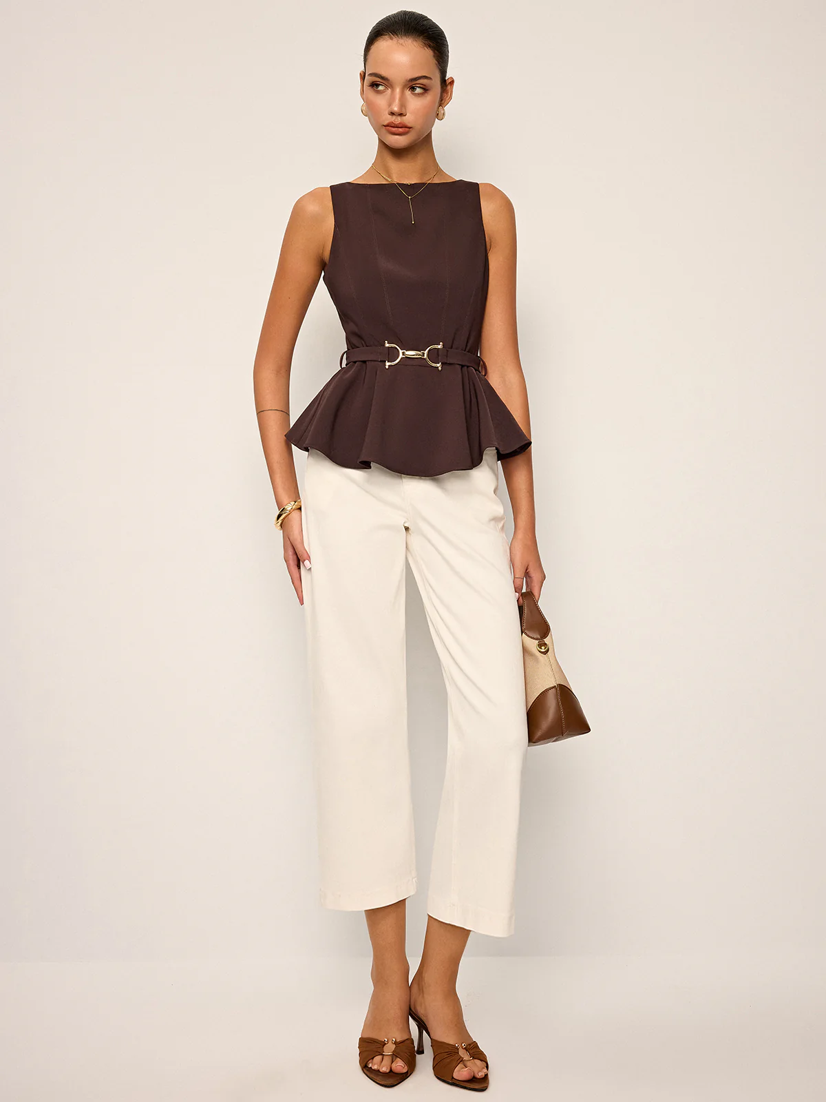 Sleeveless Peplum Top with Metal Buckle Belt - Wholesalesil