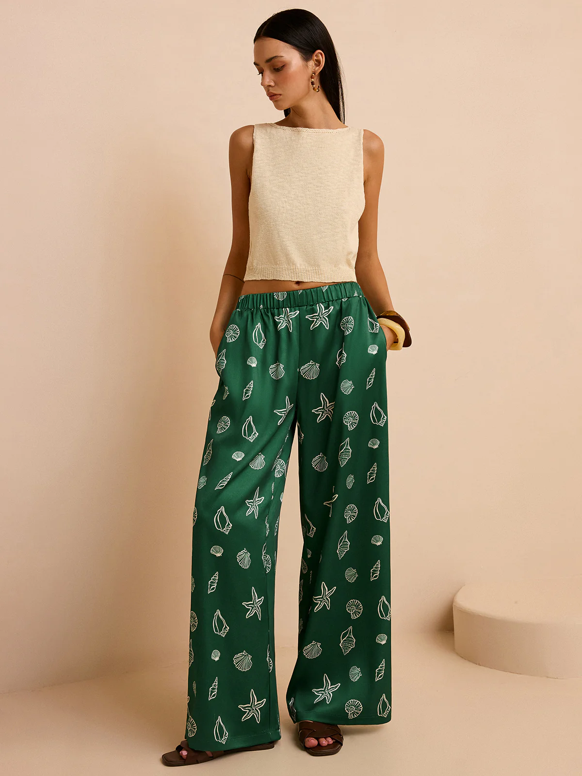 Oversized Mid-Waist Pants with Seashell and Starfish Prints - Wholesalesil