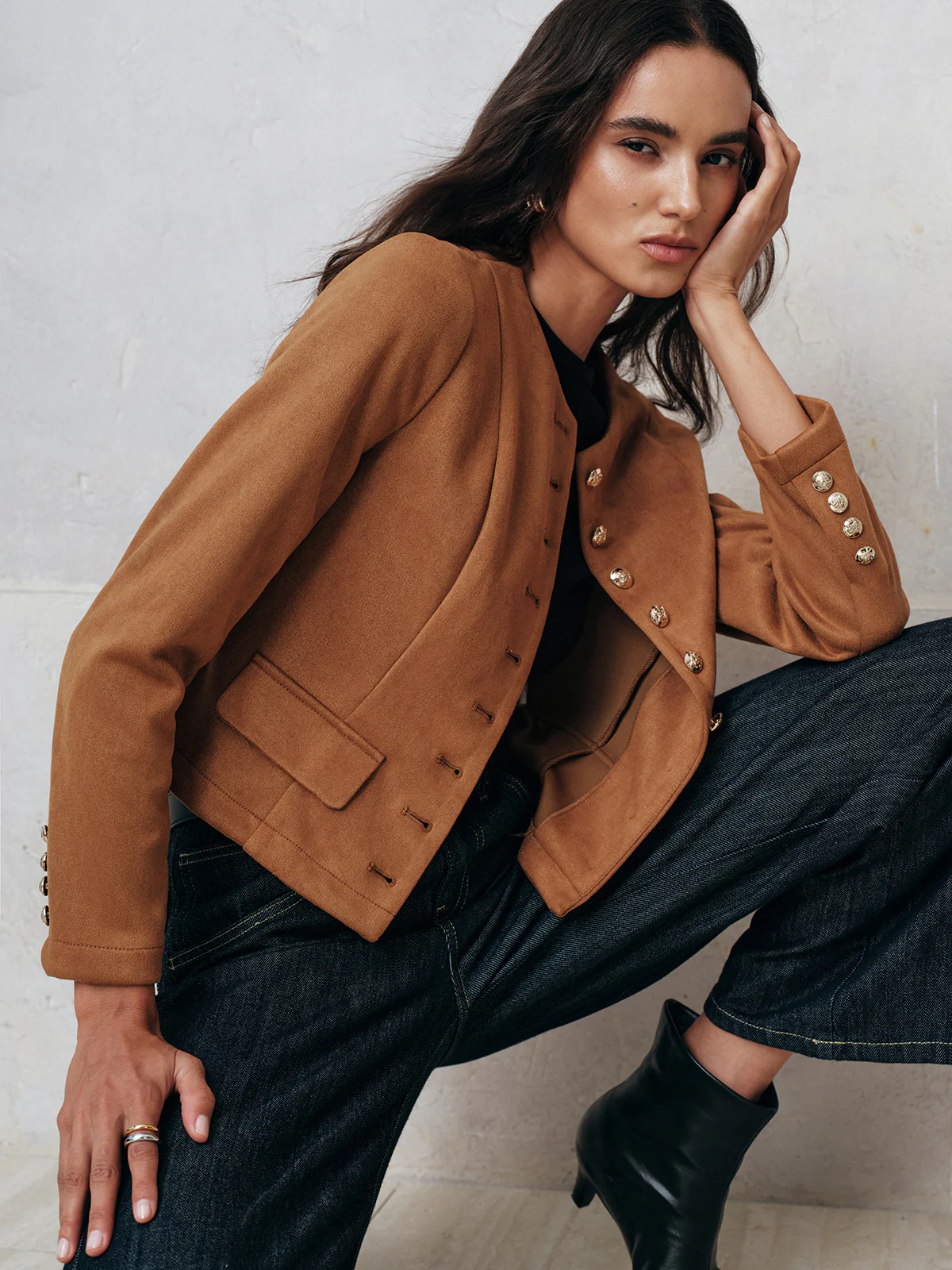 Metal Button Suede Effect Jacket - Wholesalesil