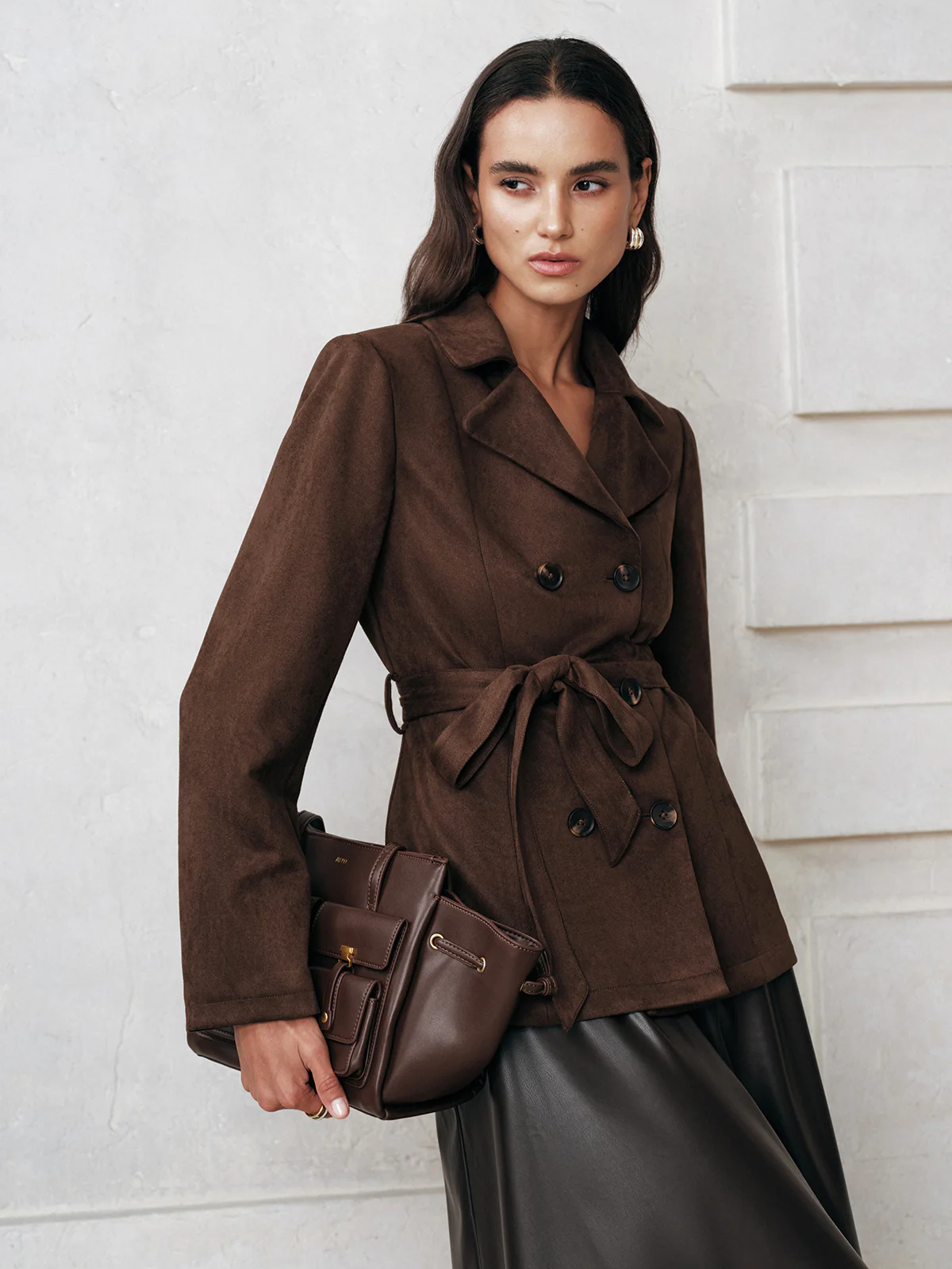 Belted Double-Breasted Suede Effect Jacket - Wholesalesil