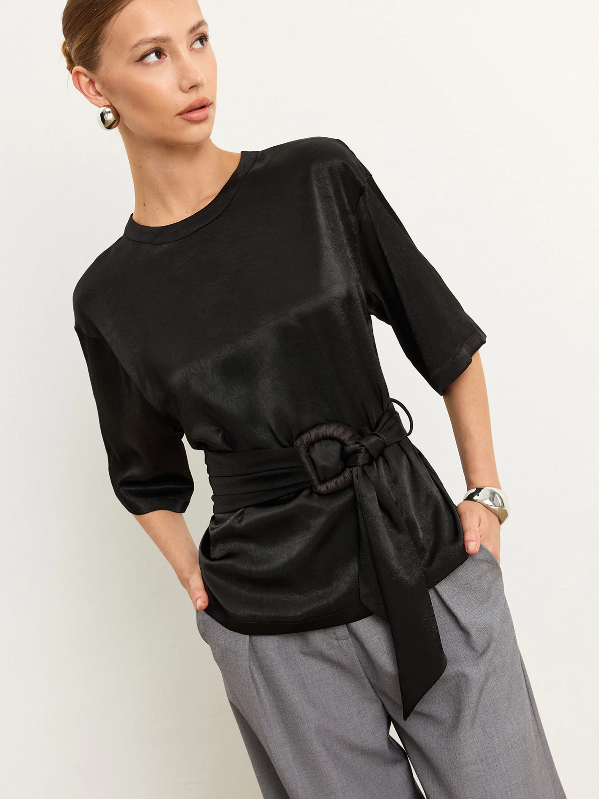 Belted Satin T-Shirt - Wholesalesil