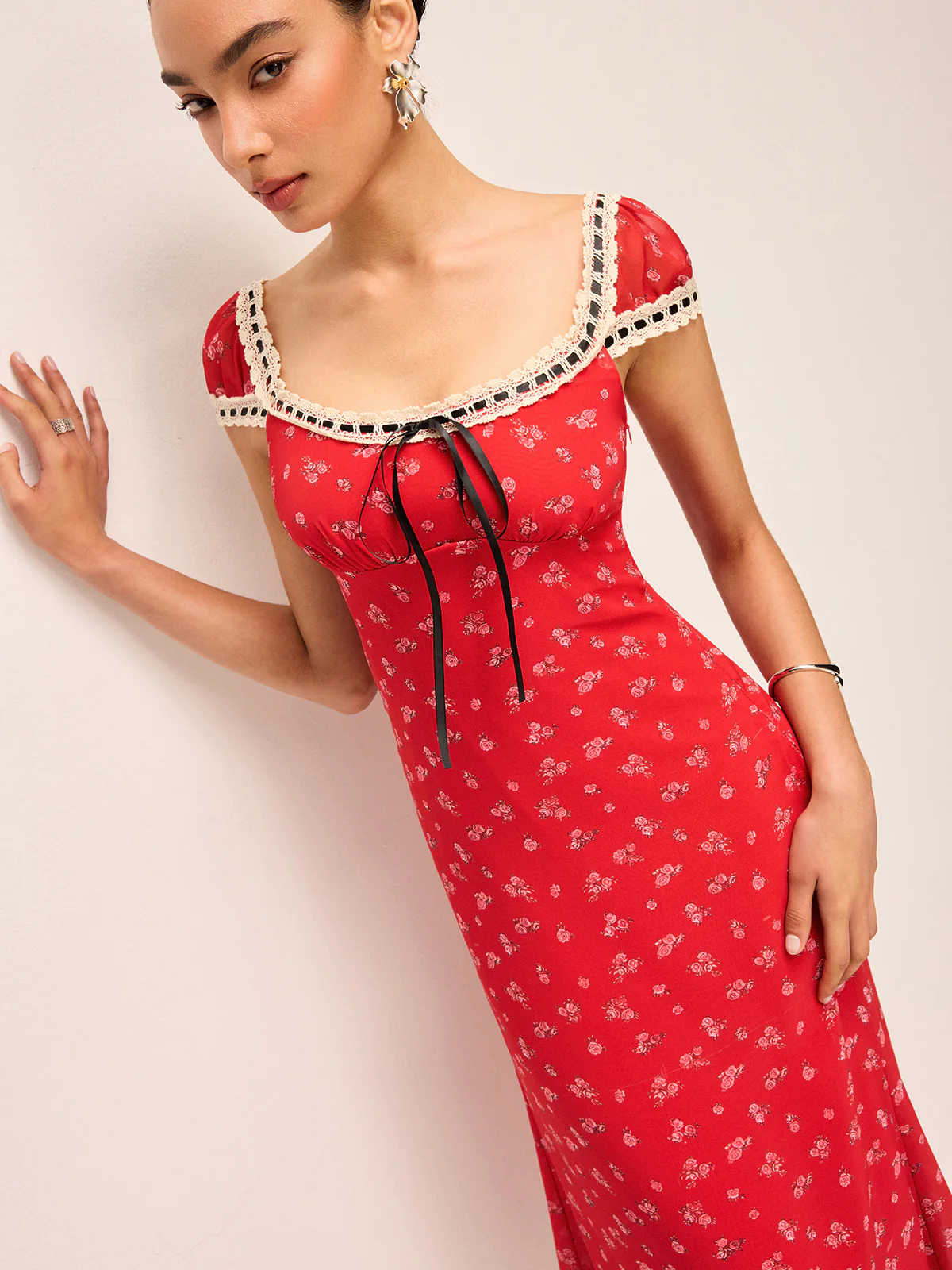 Floral Print Midi Dress with Lace Trim - Wholesalesil