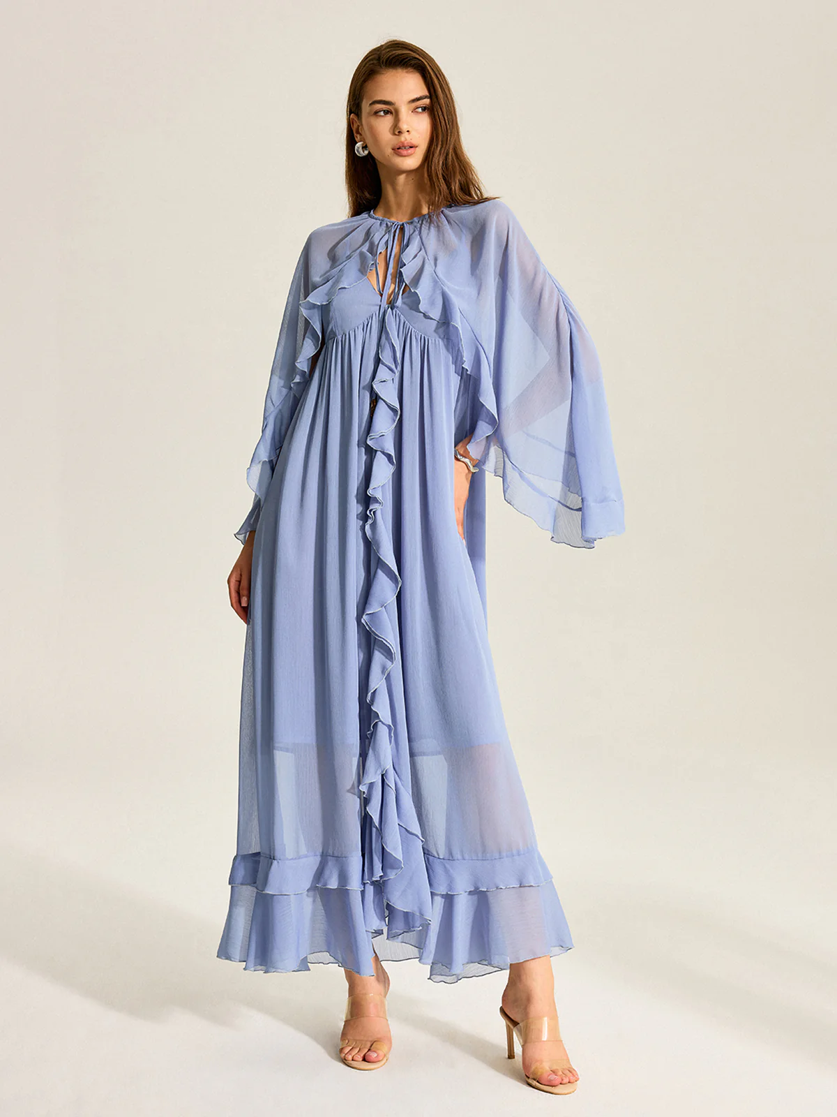 Semi-Sheer Cape Two-Piece Ruffled Chiffon Dress - Wholesalesil
